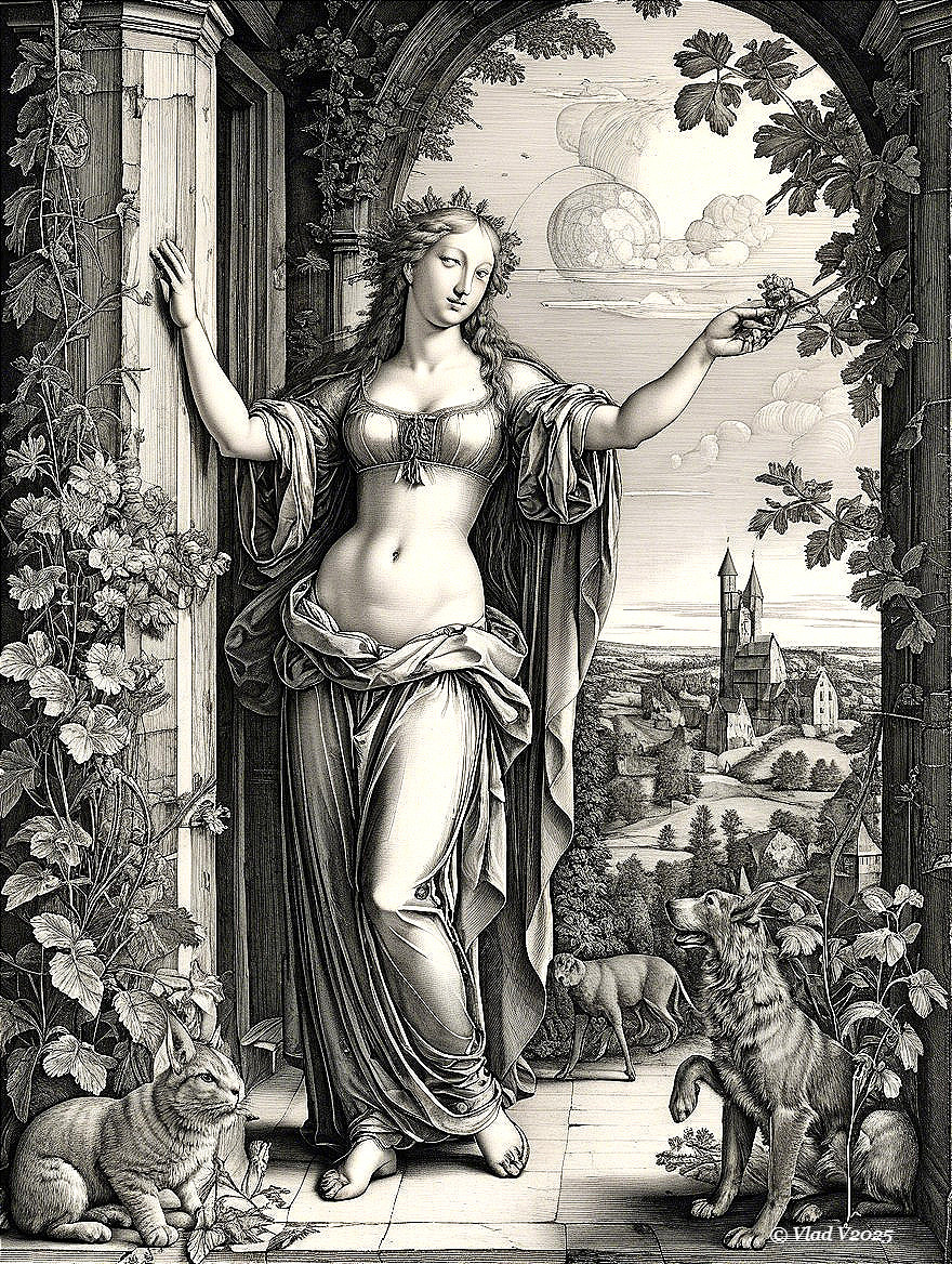 Goddess Figure at Ornate Archway with Animals and Landscape