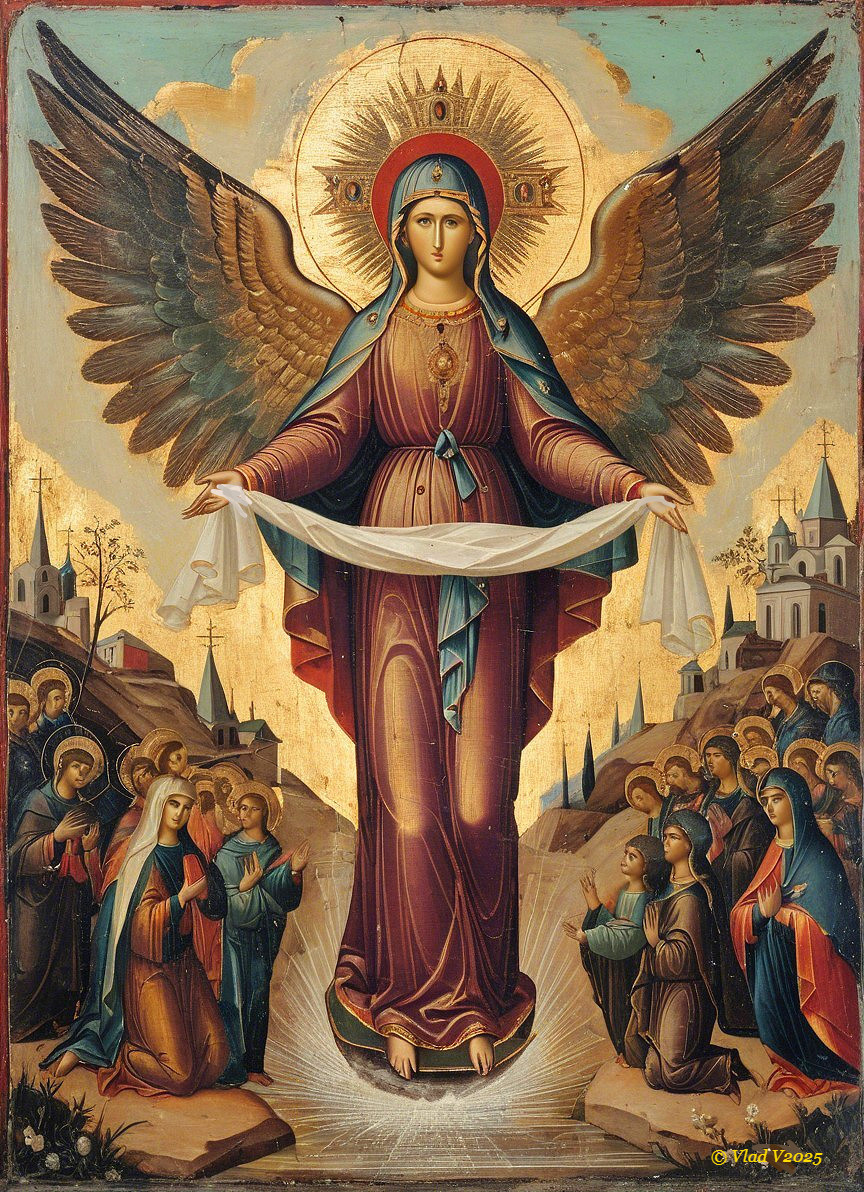 Religious Icon of Virgin Mary with Worshippers and Angels