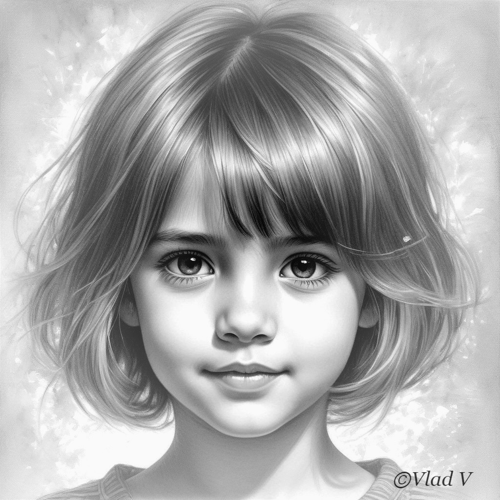 Black-and-white portrait of a young girl with wavy hair