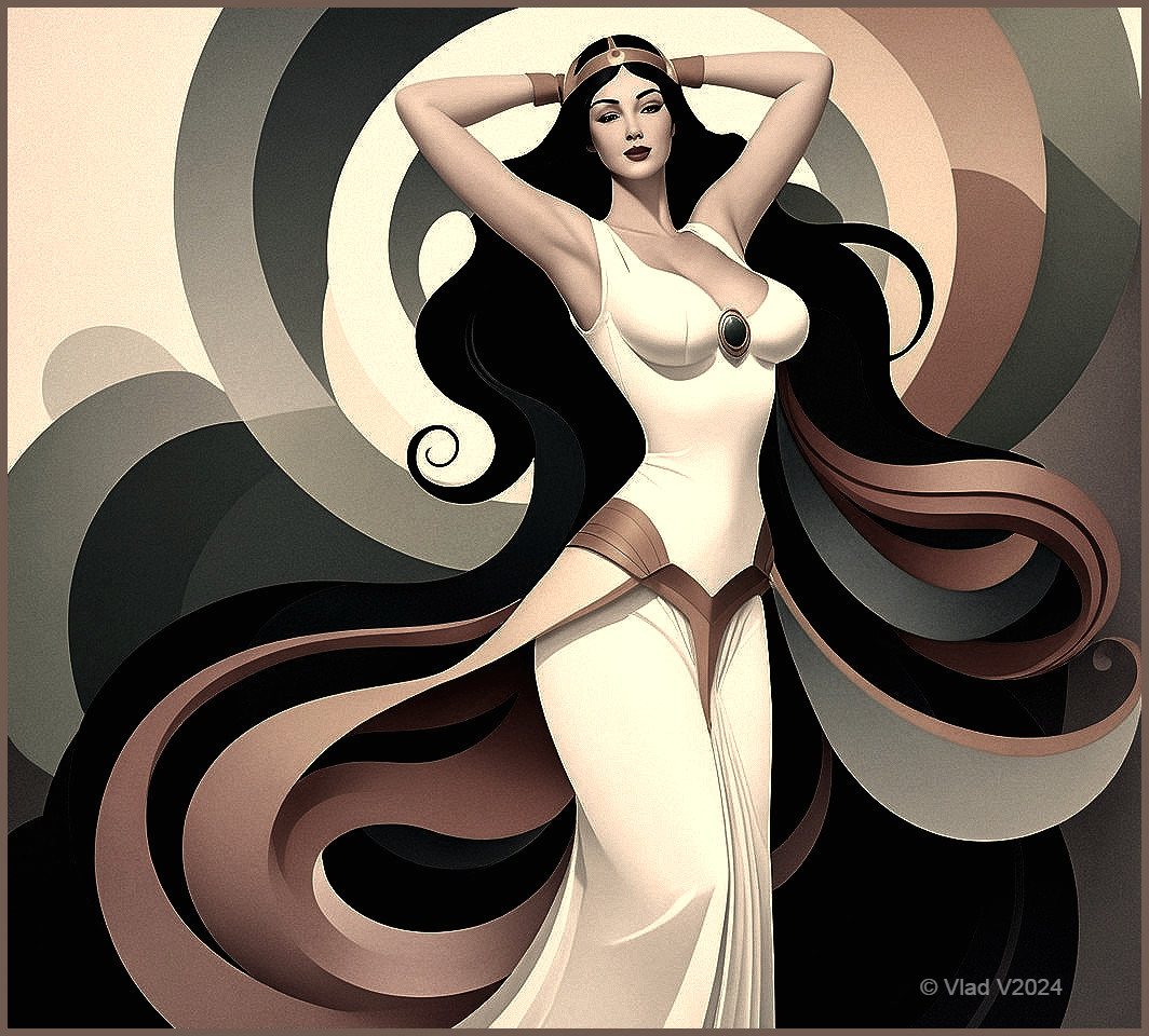 Stylized Female Figure in Elegant Gown with Patterns