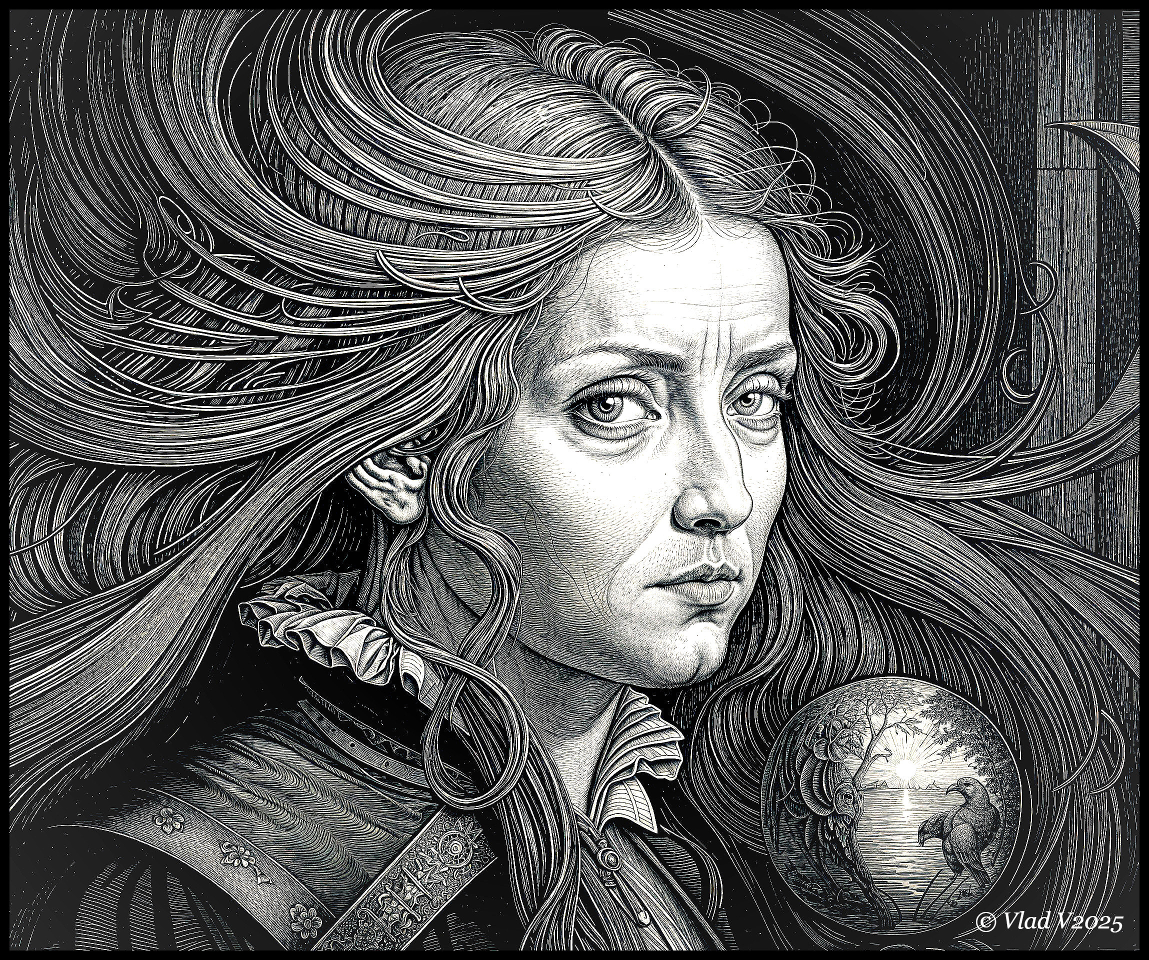 Monochromatic Portrait of Woman with Globe and Ruffled Collar