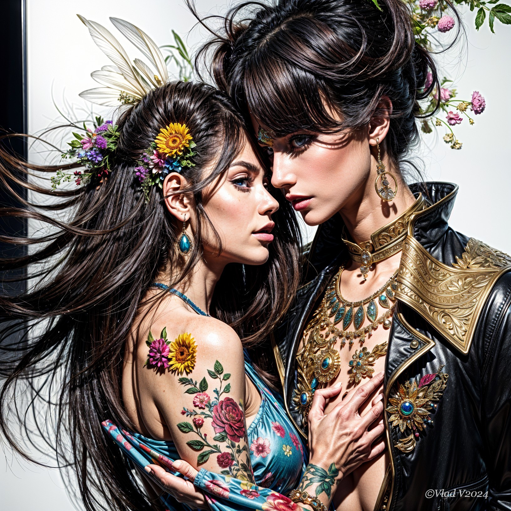 Models with Body Art and Floral Hairstyles in Fashion