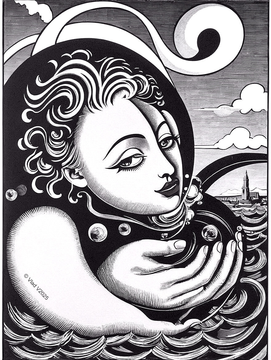 Black-and-white illustration of a serene figure and waves
