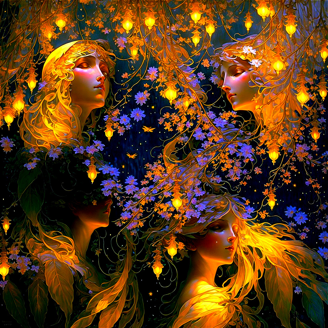 Ethereal figures with golden hair and floral adornments in mystical setting