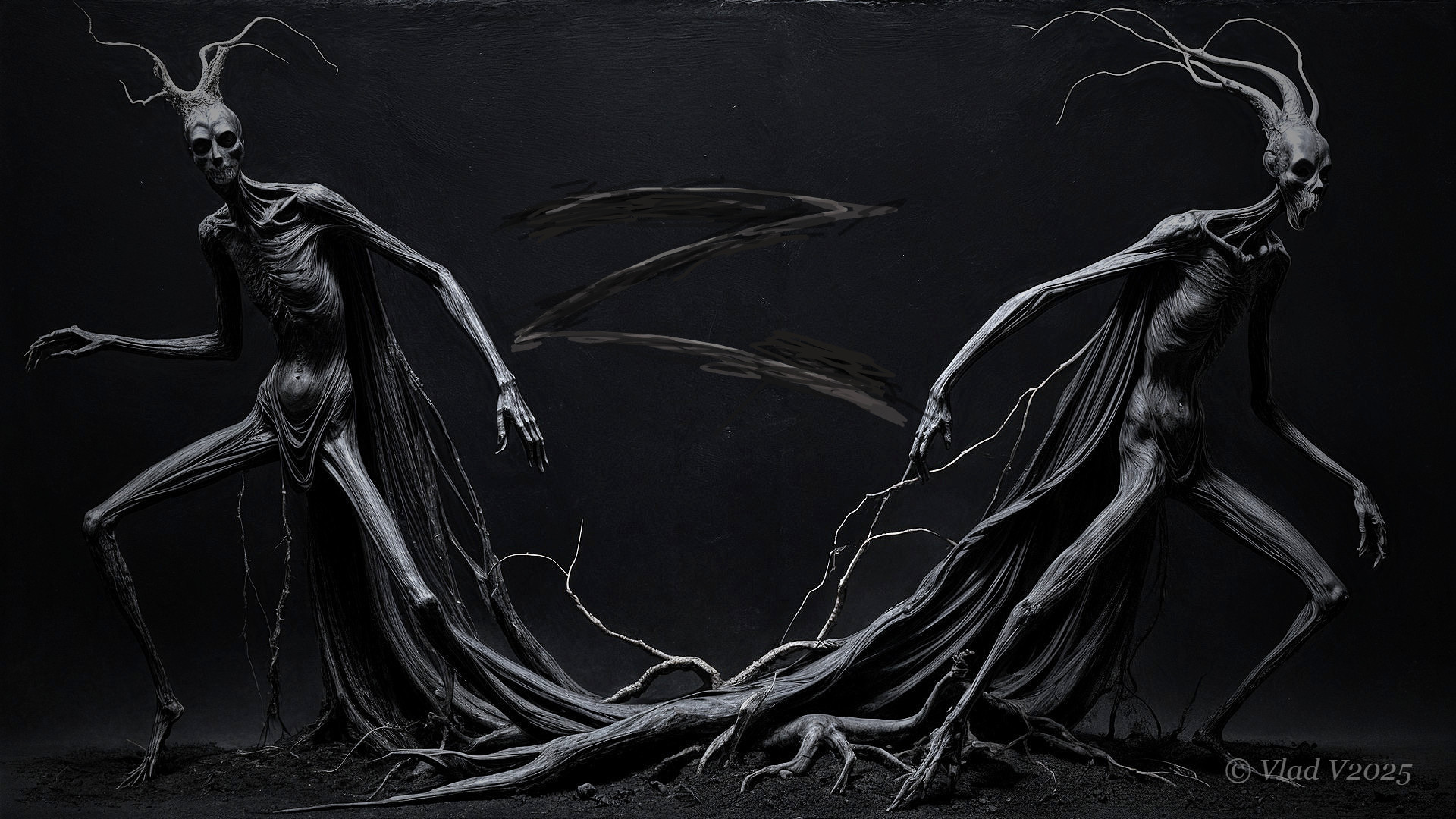 Eerie Skeletal Figures with Twisted Limbs and Roots