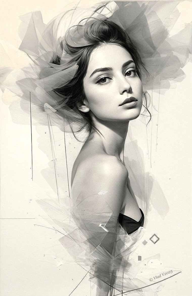 Black-and-White Portrait of a Young Woman with Abstract Art