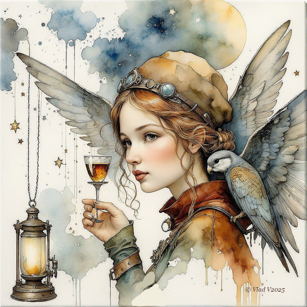Young woman with wings in whimsical, celestial scene