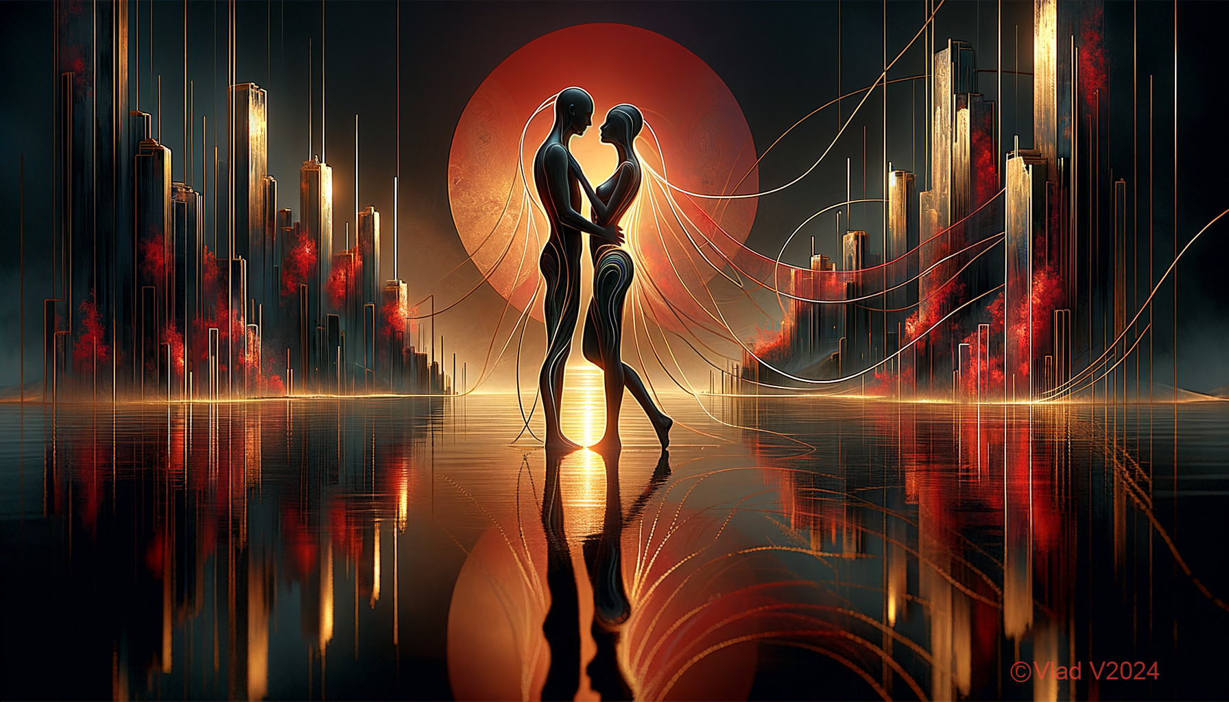 Futuristic Embrace in a Vibrant Sunset Landscape