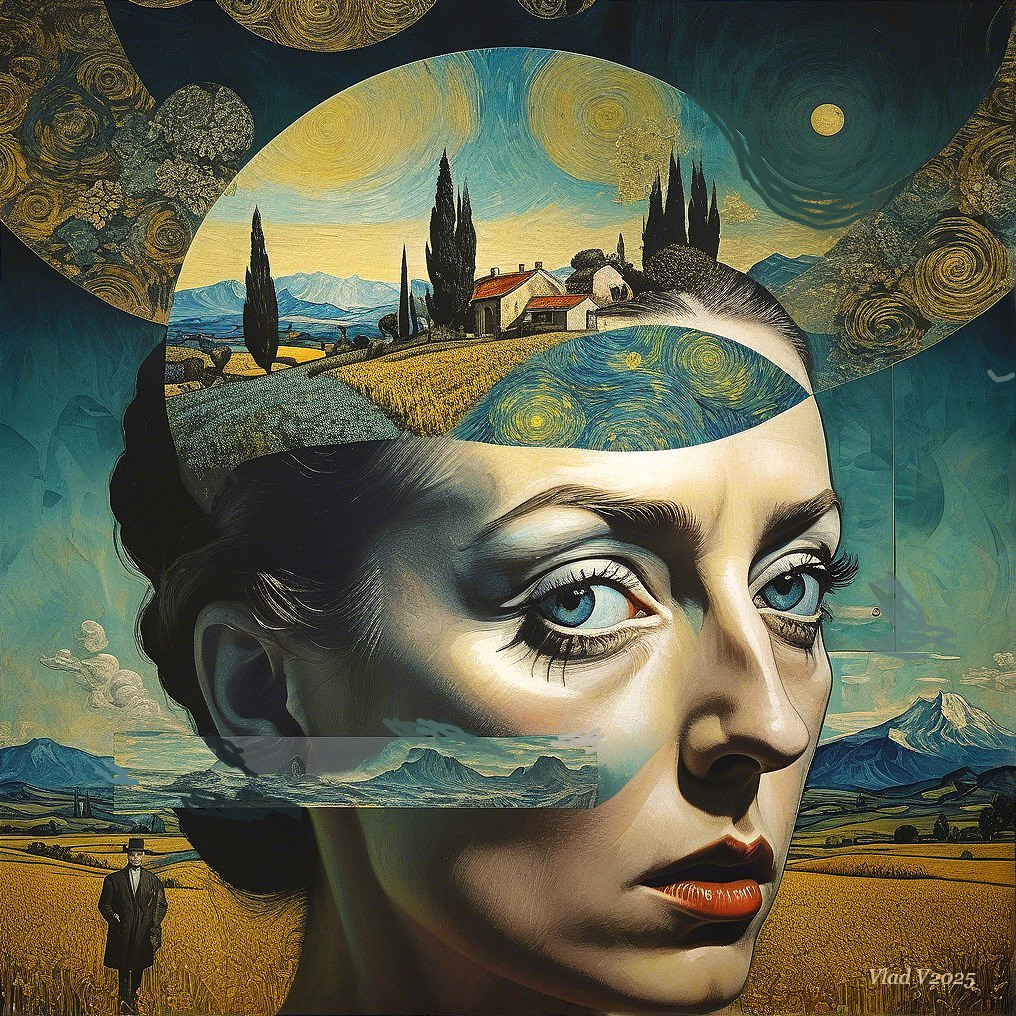 Surreal Fusion of Woman's Face and Vibrant Landscape