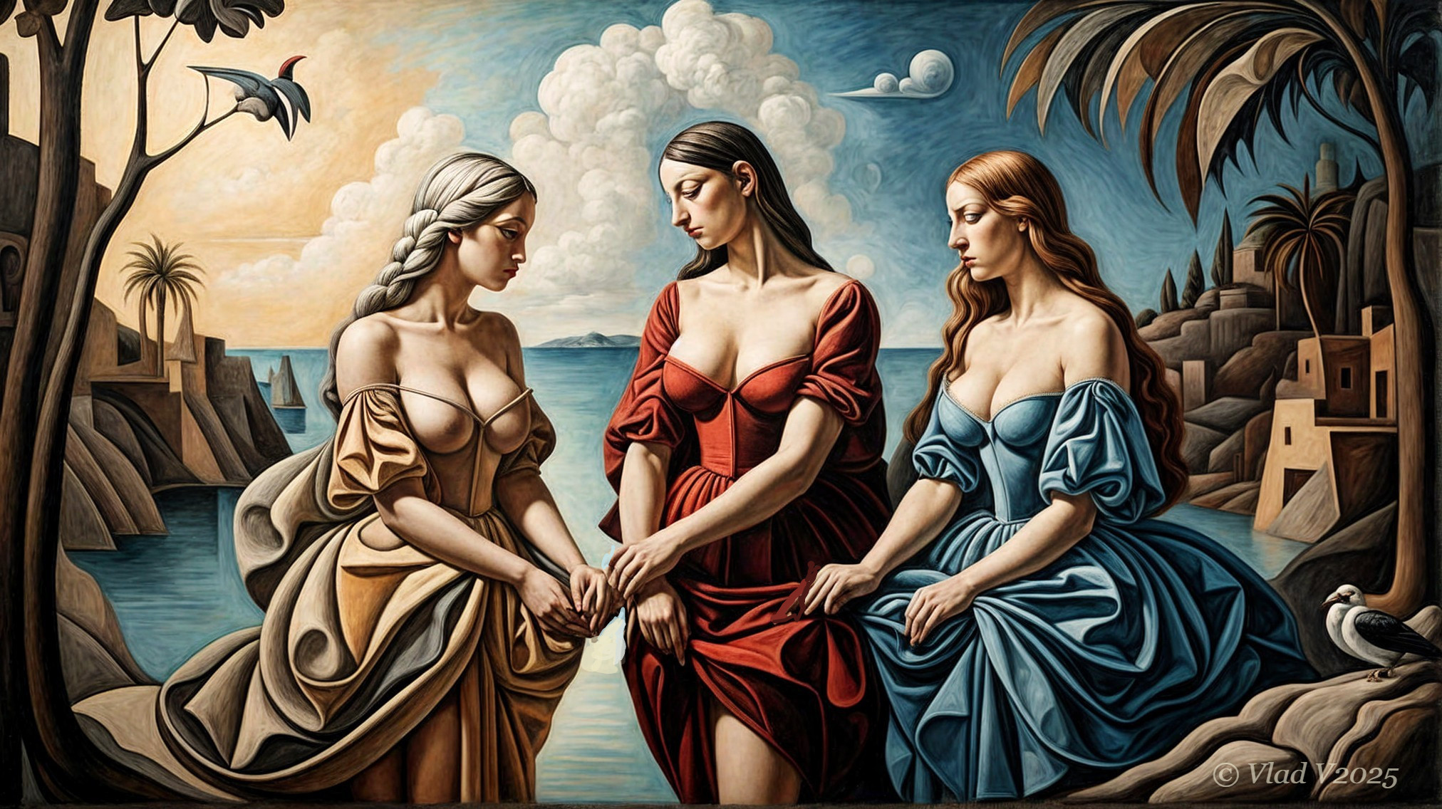 Three Women in Elegant Gowns by Coastal Landscape