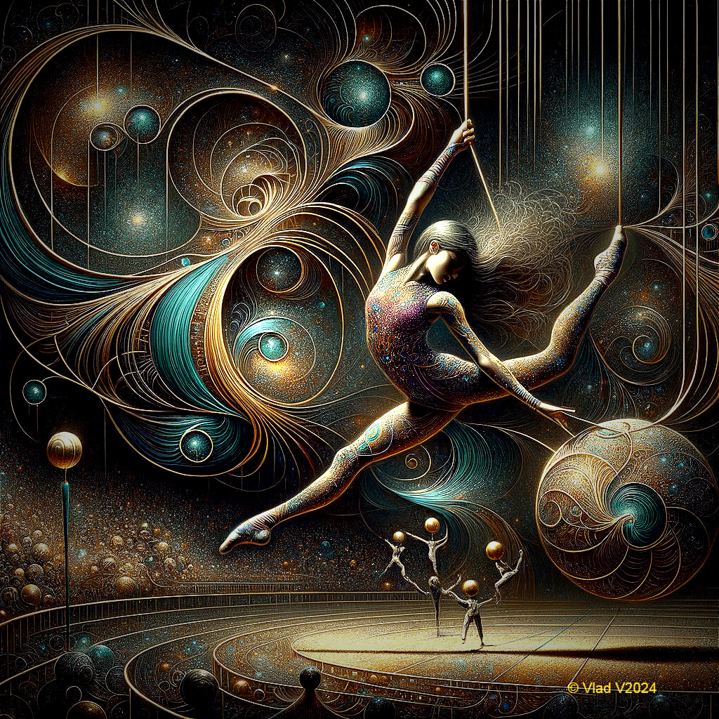Dancer in Cosmic Landscape with Vibrant Patterns