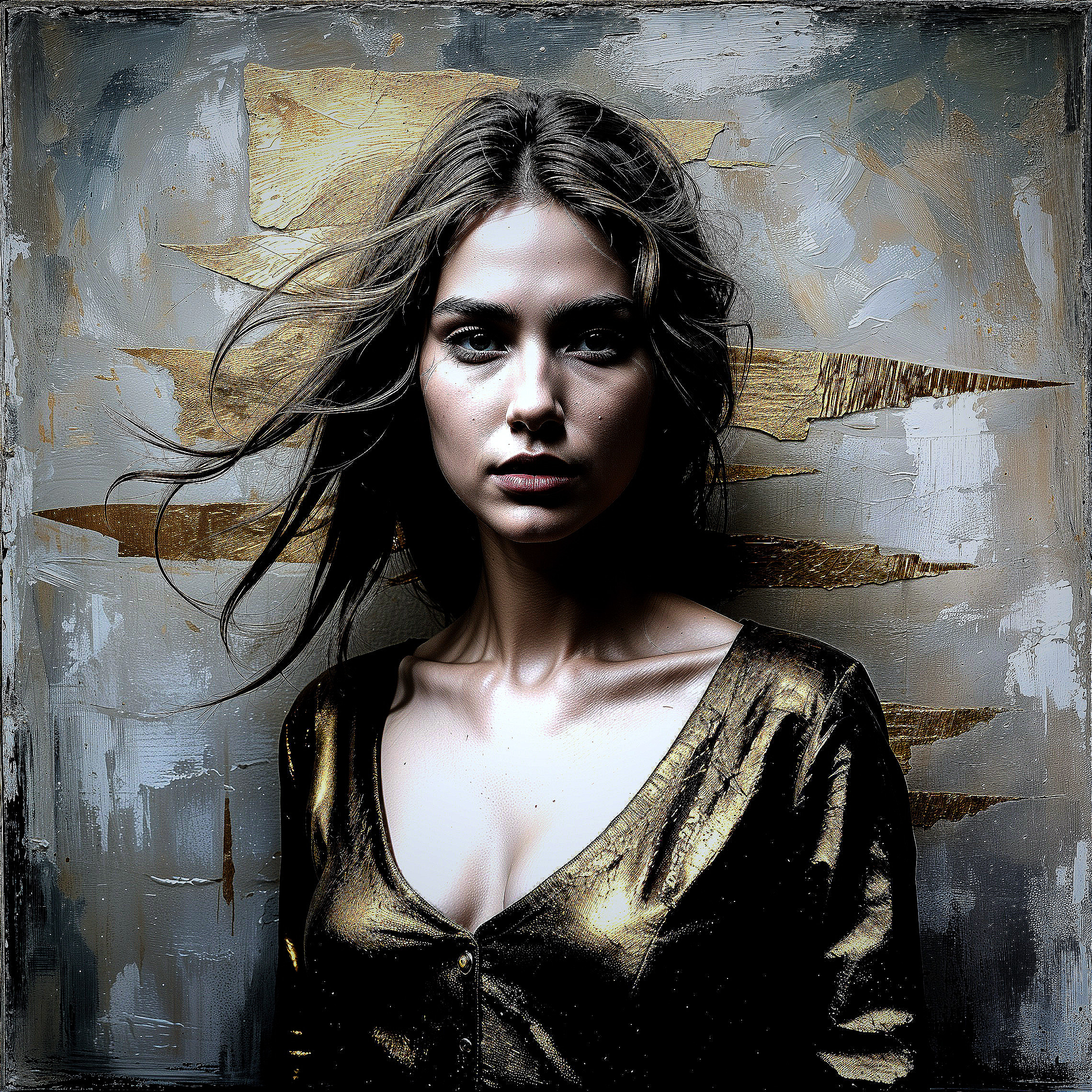 Portrait of a Young Woman with Wavy Hair and Gold Top