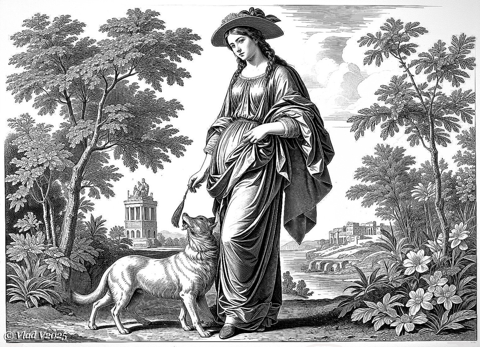 Woman in Dress with Dog in Serene Landscape