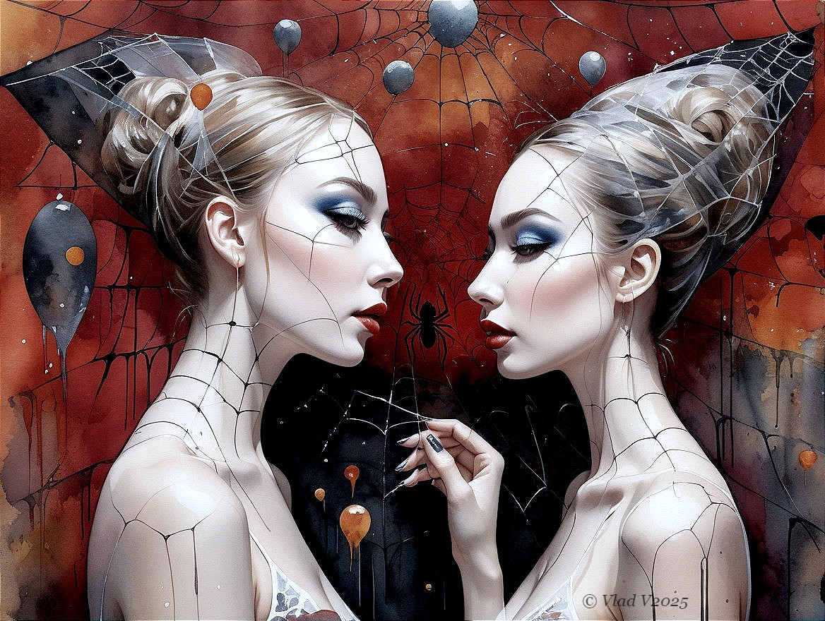 Artwork of Two Similar Women with Intricate Patterns