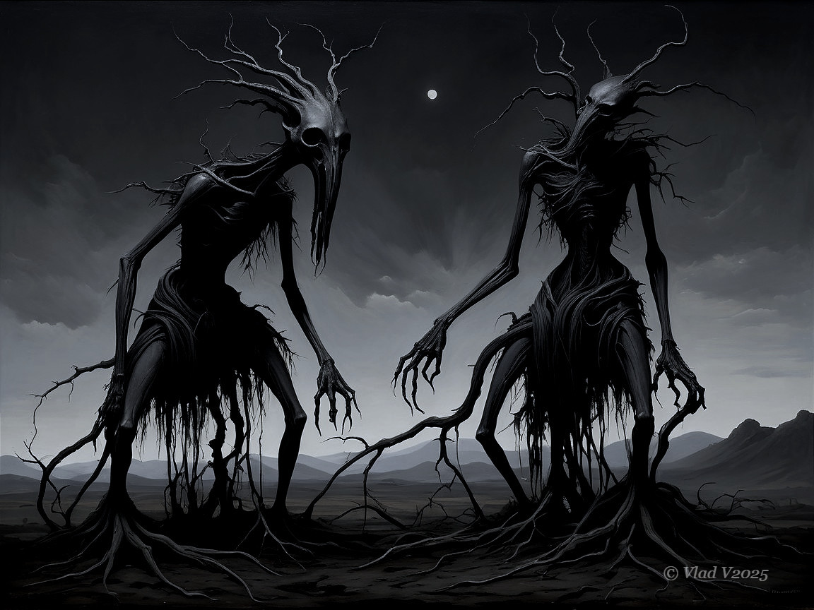 Eerie Skeletal Figures in a Moonlit Landscape