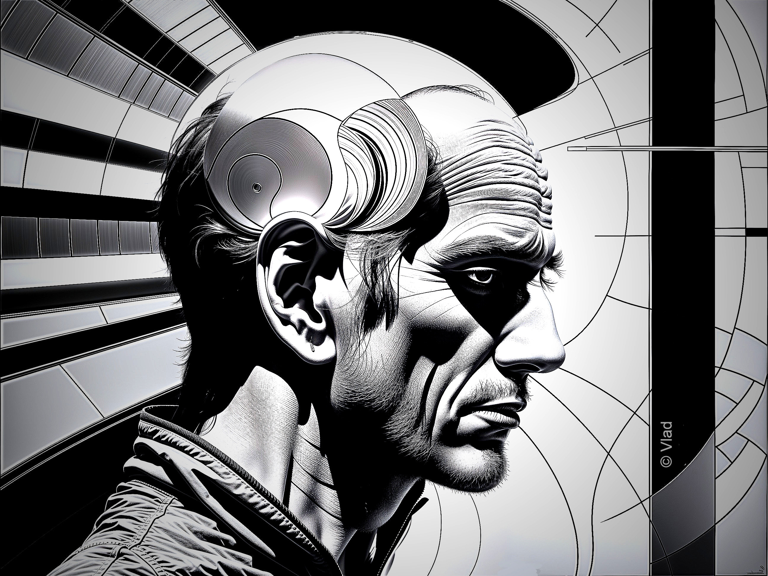 Monochromatic Portrait of a Man with Geometric Patterns