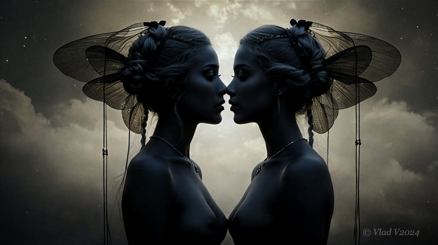 Symmetrical Female Figures Under a Moonlit Sky