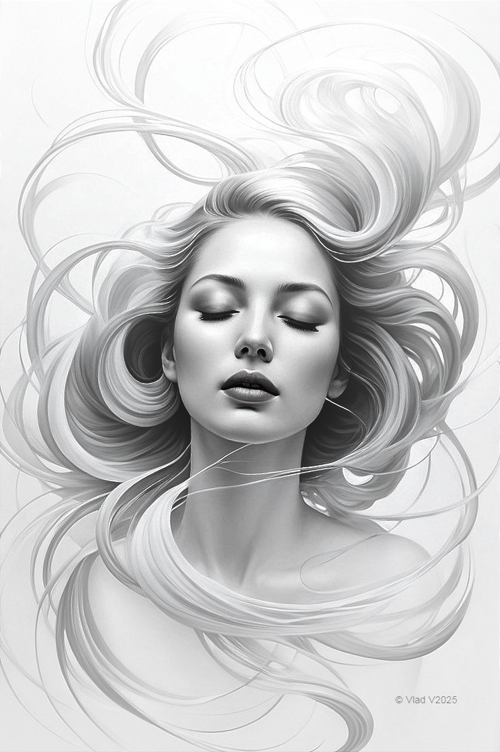 Serene portrait of a woman with flowing hair