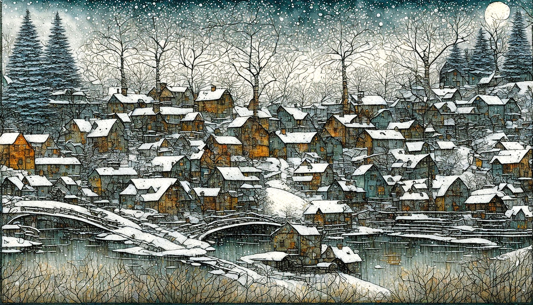 Snowy village at night: illuminated houses, full moon, river - illustration