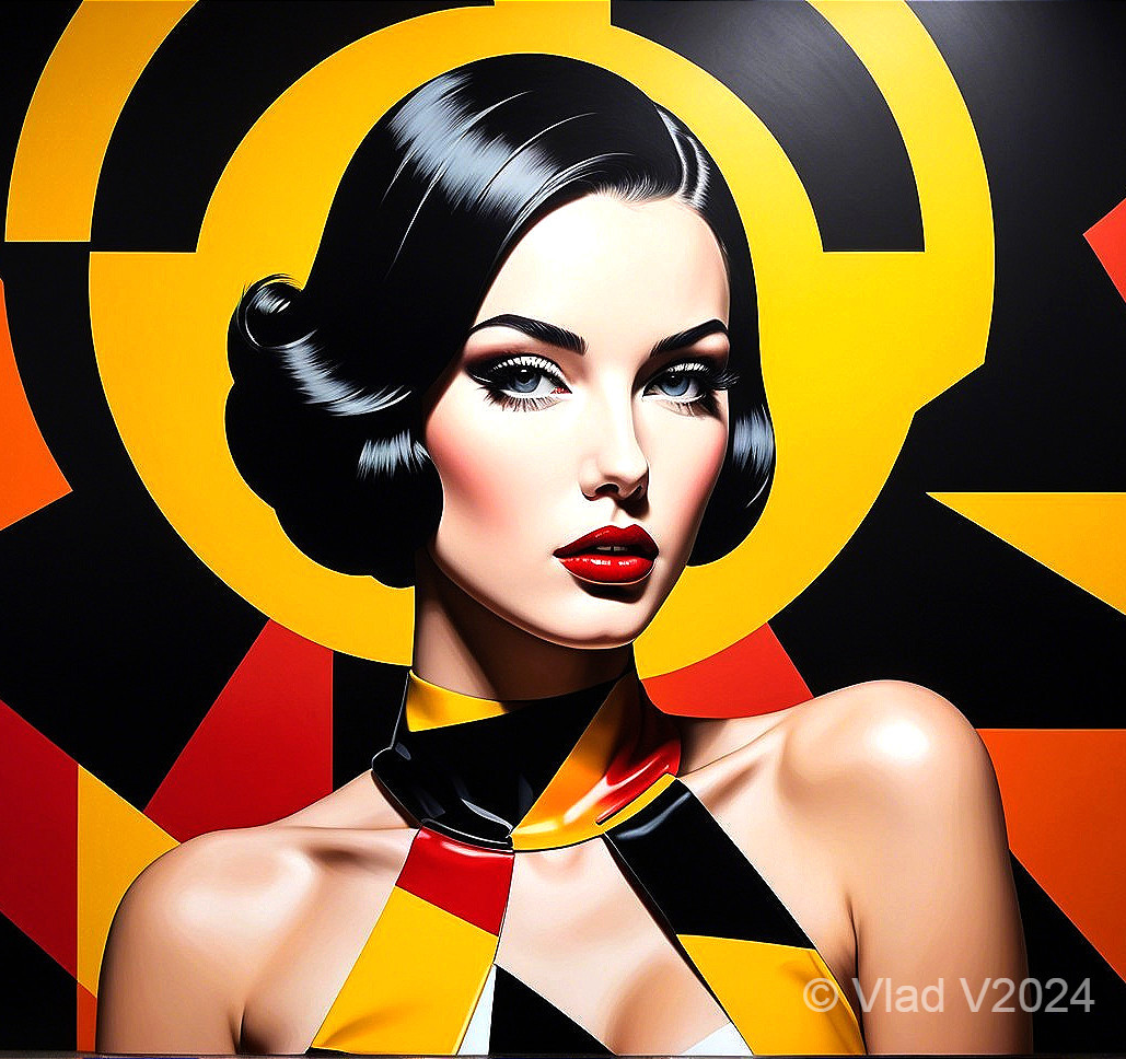 Vintage Portrait of Woman with Geometric Background