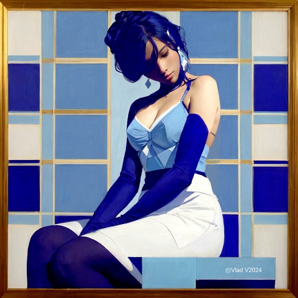 Contemplative Woman in Stylish Blue and White Outfit