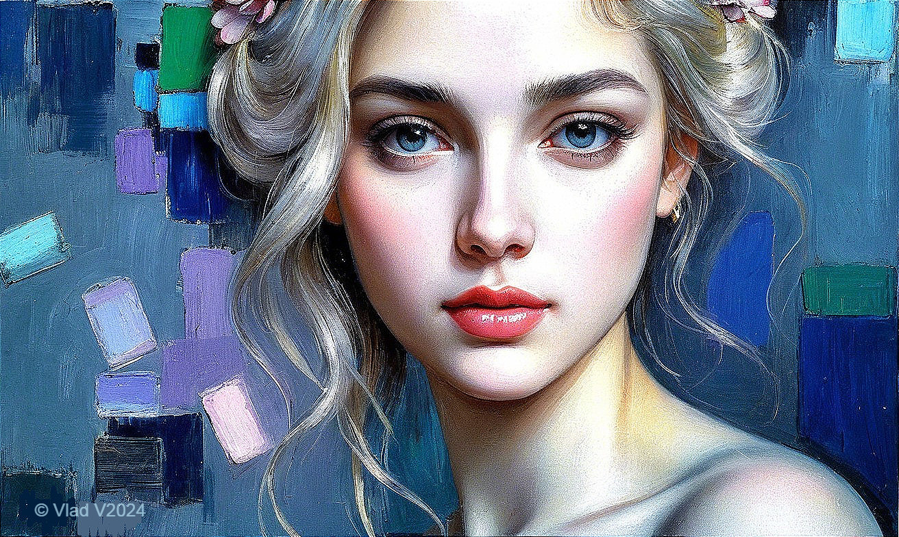Portrait of a Young Woman with Flowers and Pastel Background