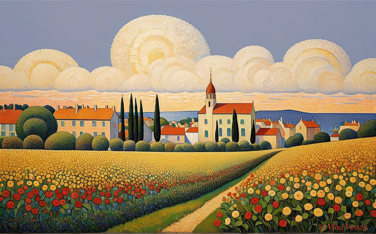 Vibrant Landscape of a Serene Village and Nature