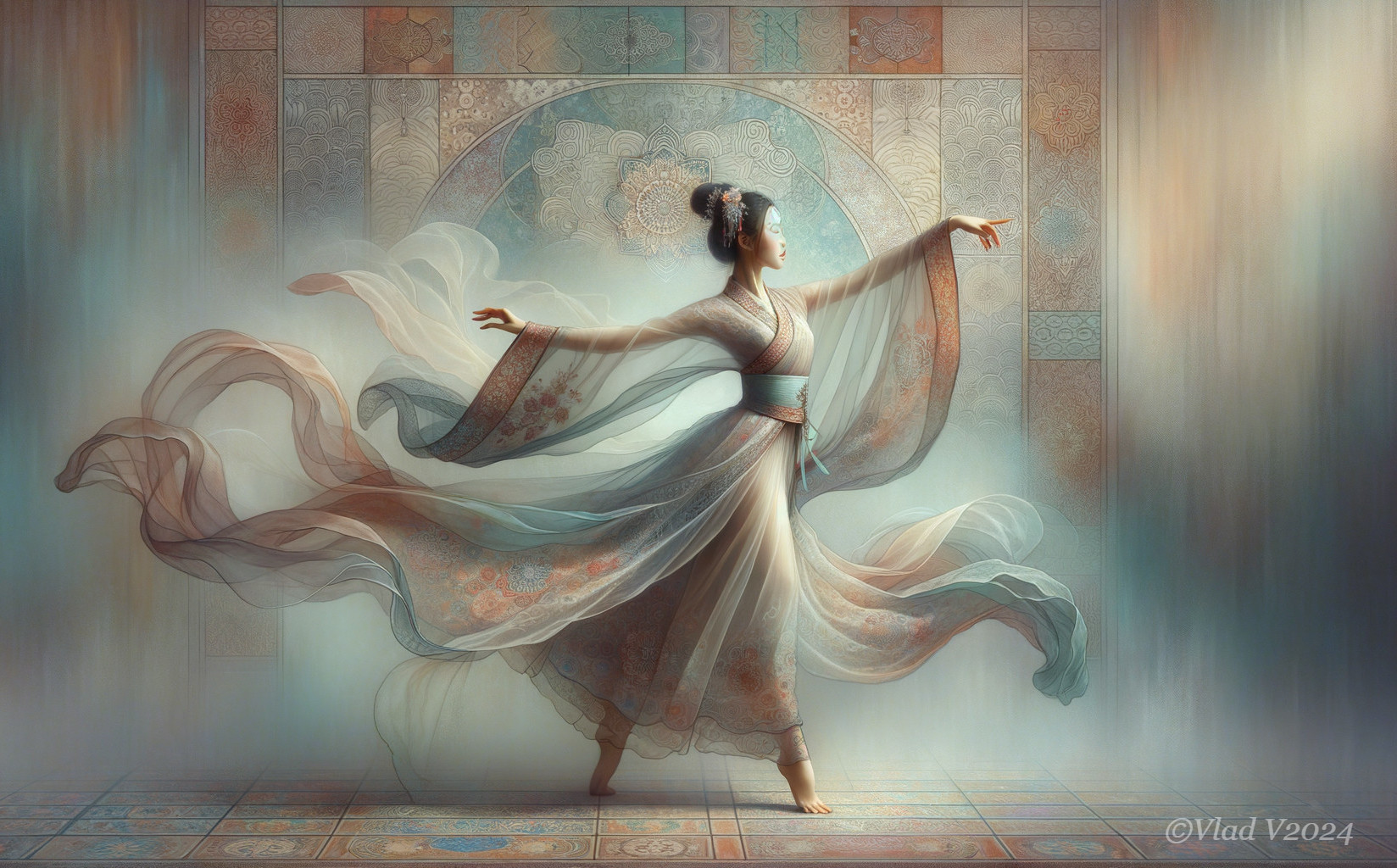 Elegant Dance in Ornate Gown with Dreamlike Atmosphere