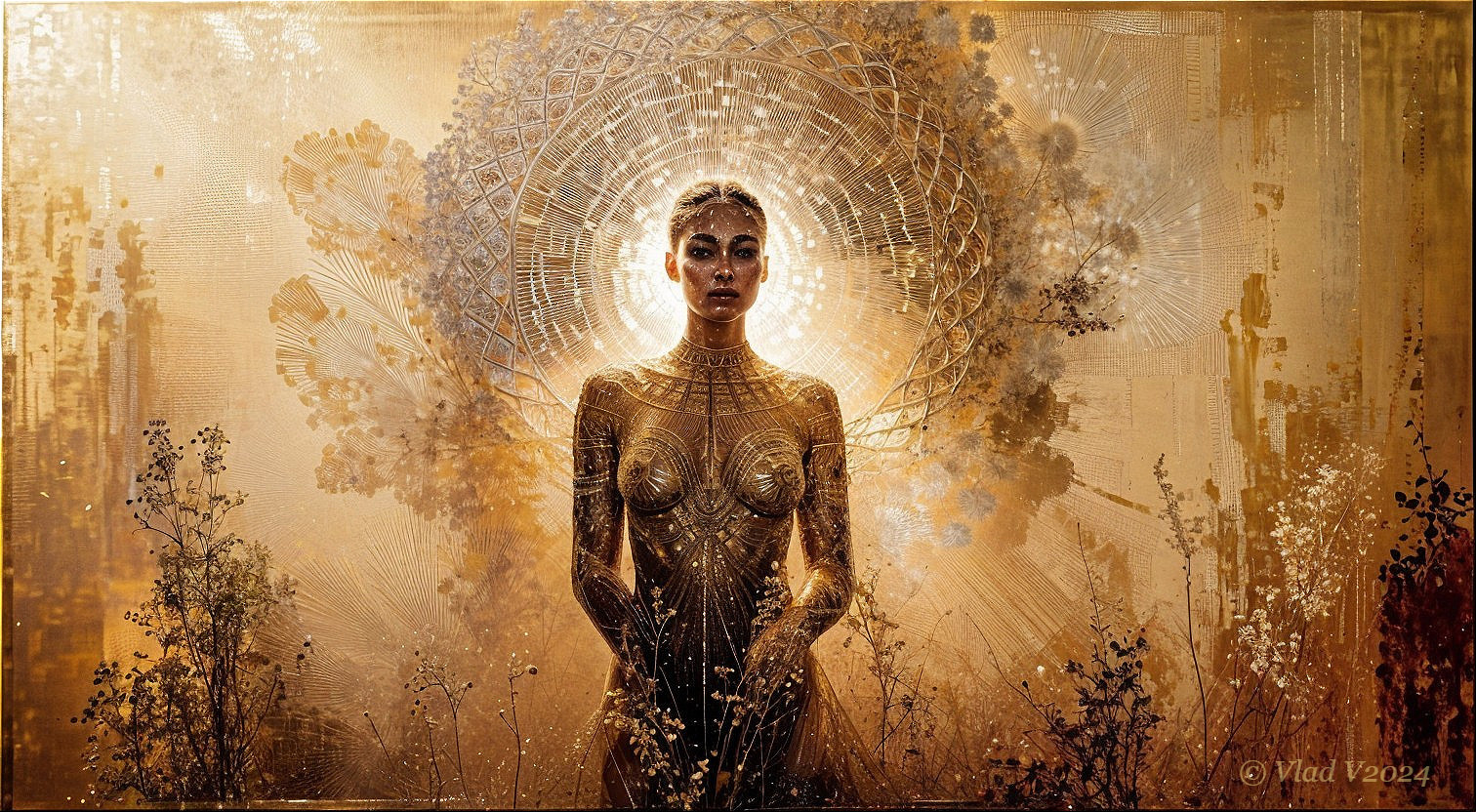 Luminous Figure in Golden Patterns Surrounded by Flora