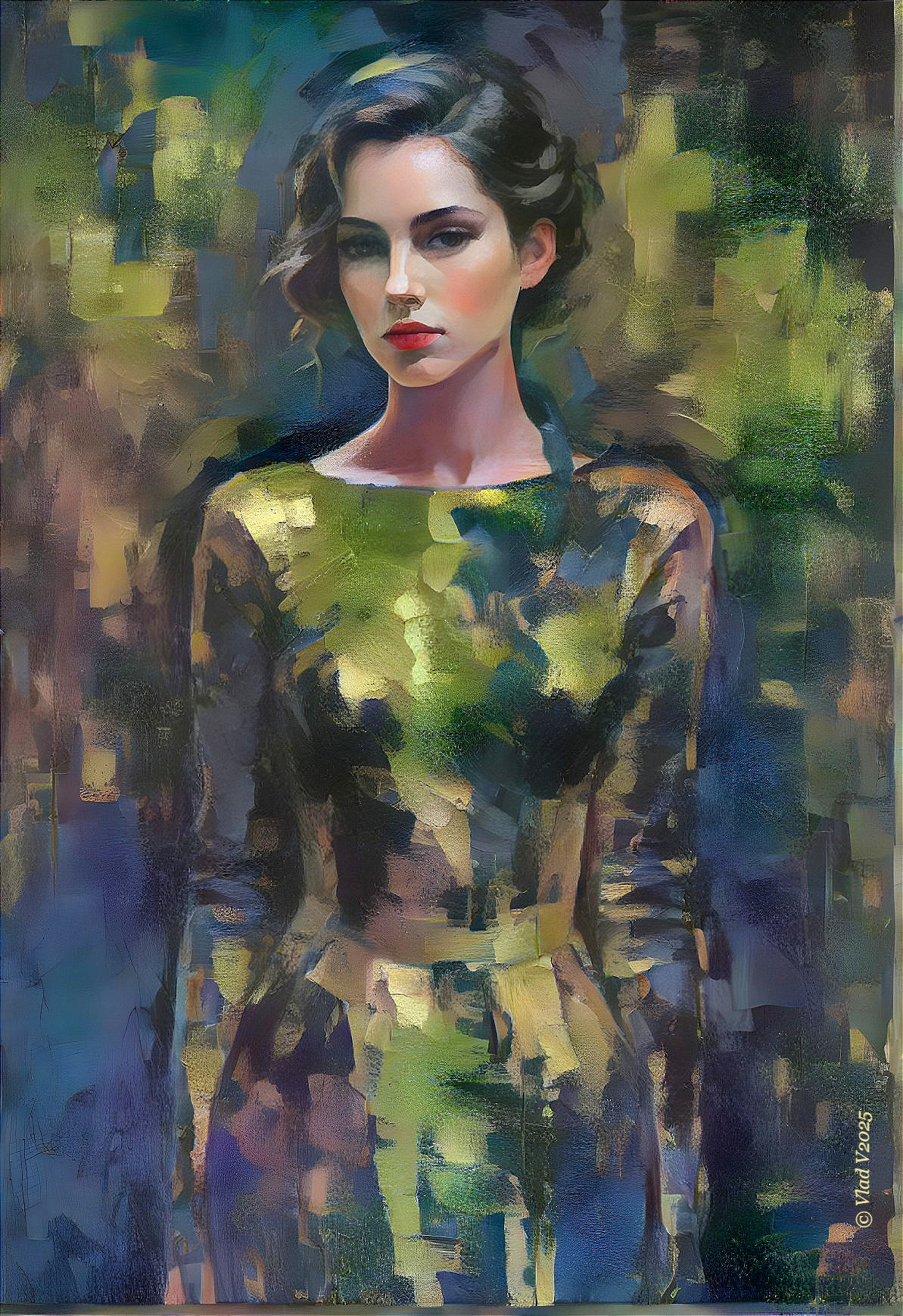 Portrait of a woman in a patterned dress with vibrant background