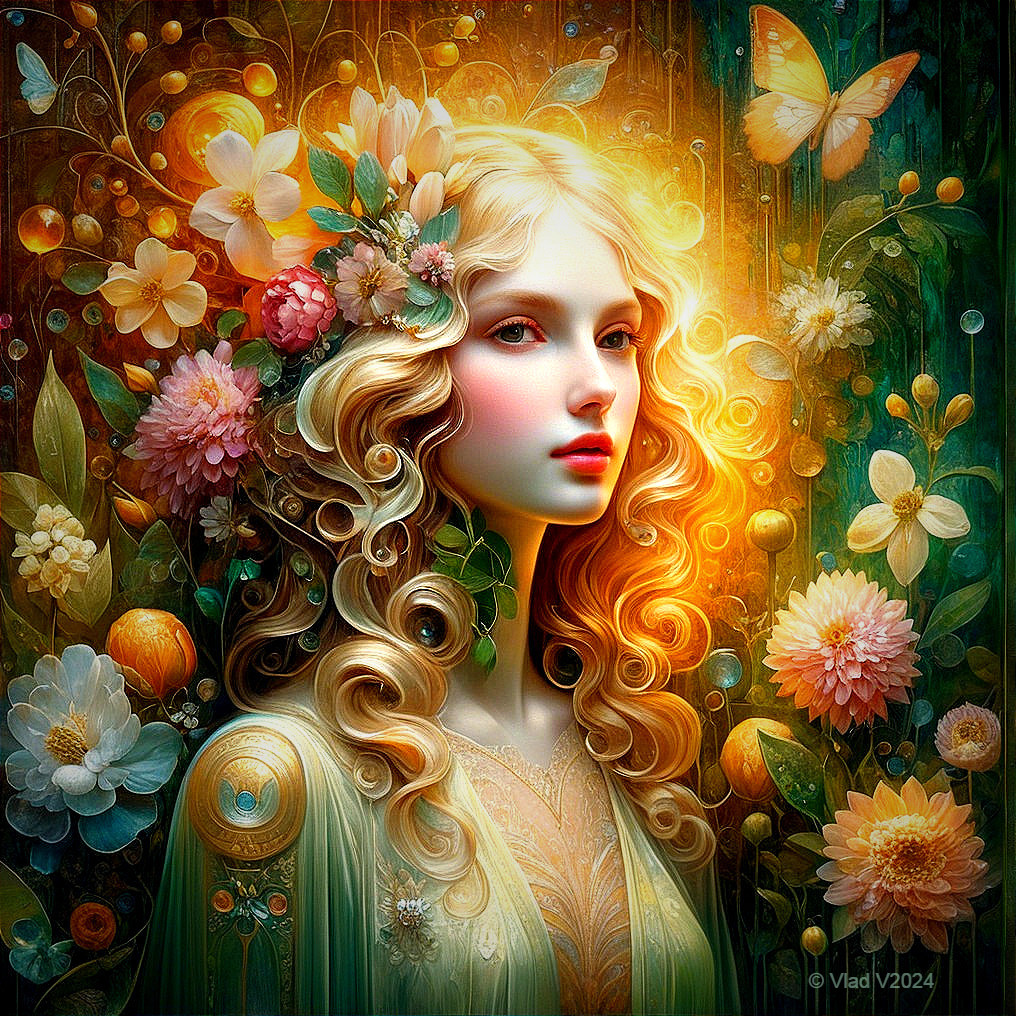 Young woman with flowers in golden curls in nature