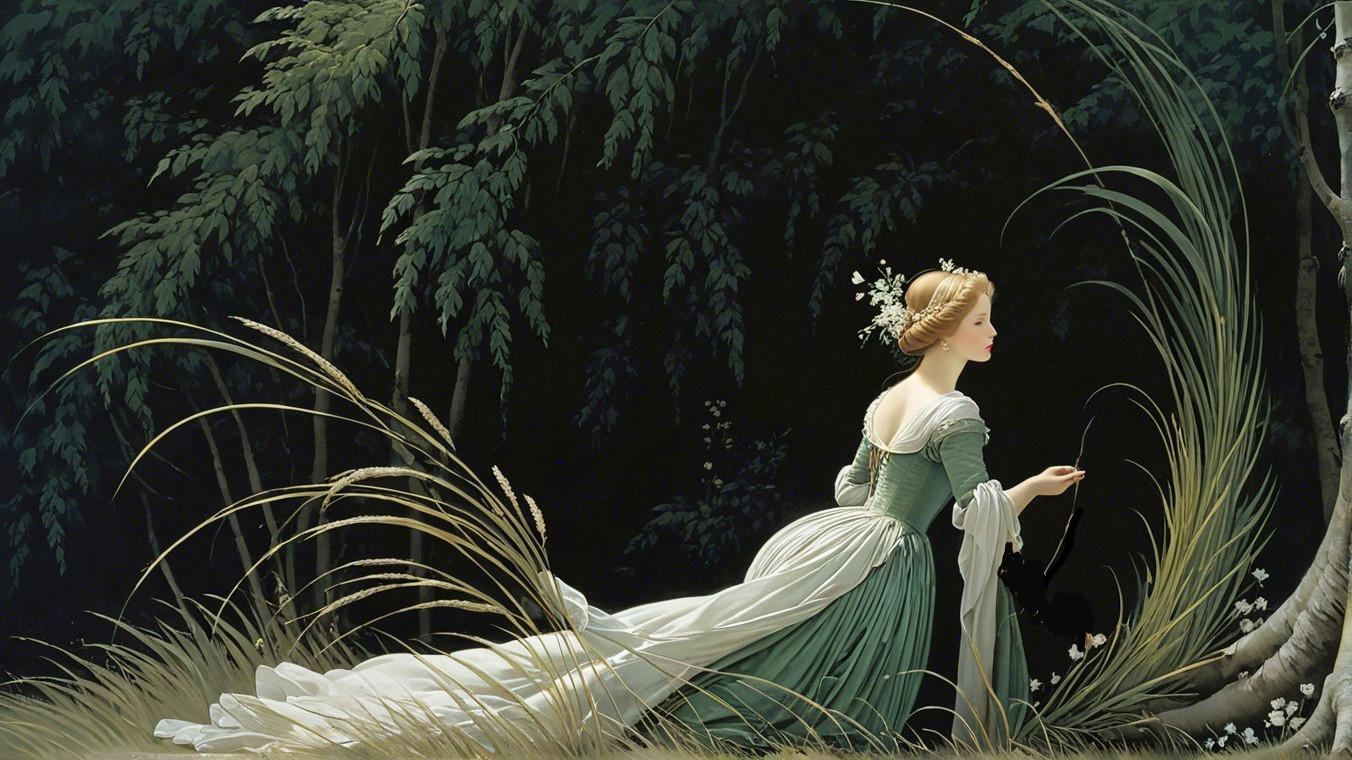 Young Woman in Green Gown in Lush Forest Setting