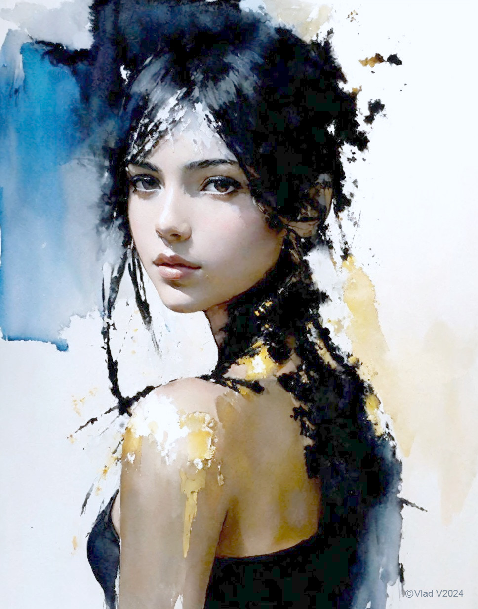 Watercolor Portrait of a Young Woman with Dark Hair