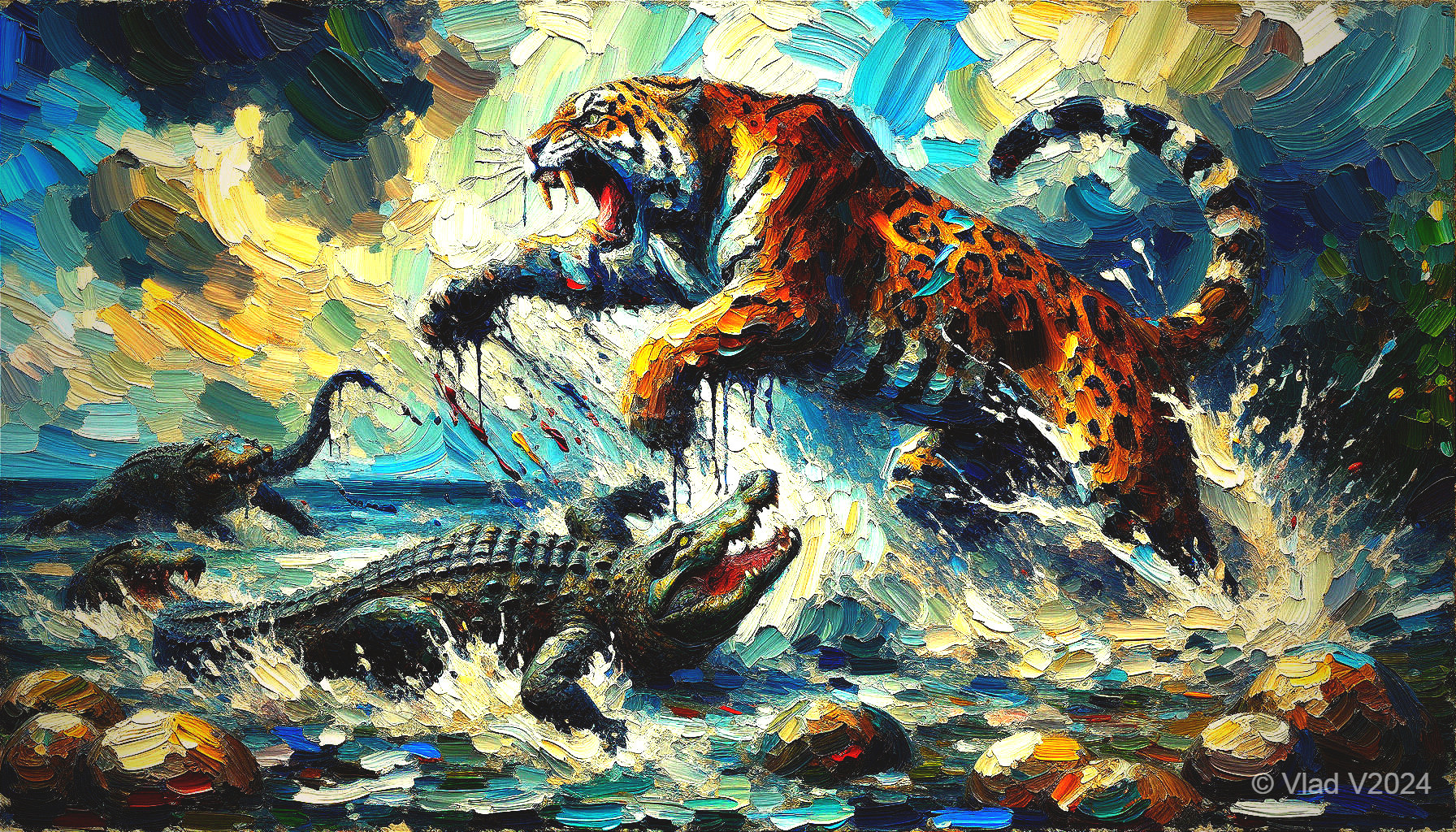 Tiger and Crocodile Battle in Turbulent Waters Painting