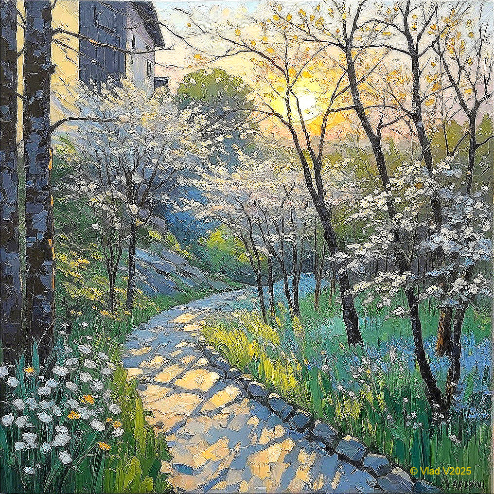 Serene Landscape with Winding Path and Blossoming Trees