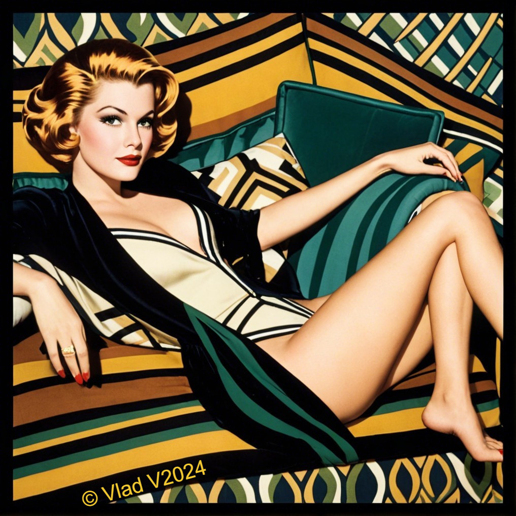 Glamorous Woman on Geometric Couch in Vintage Style
