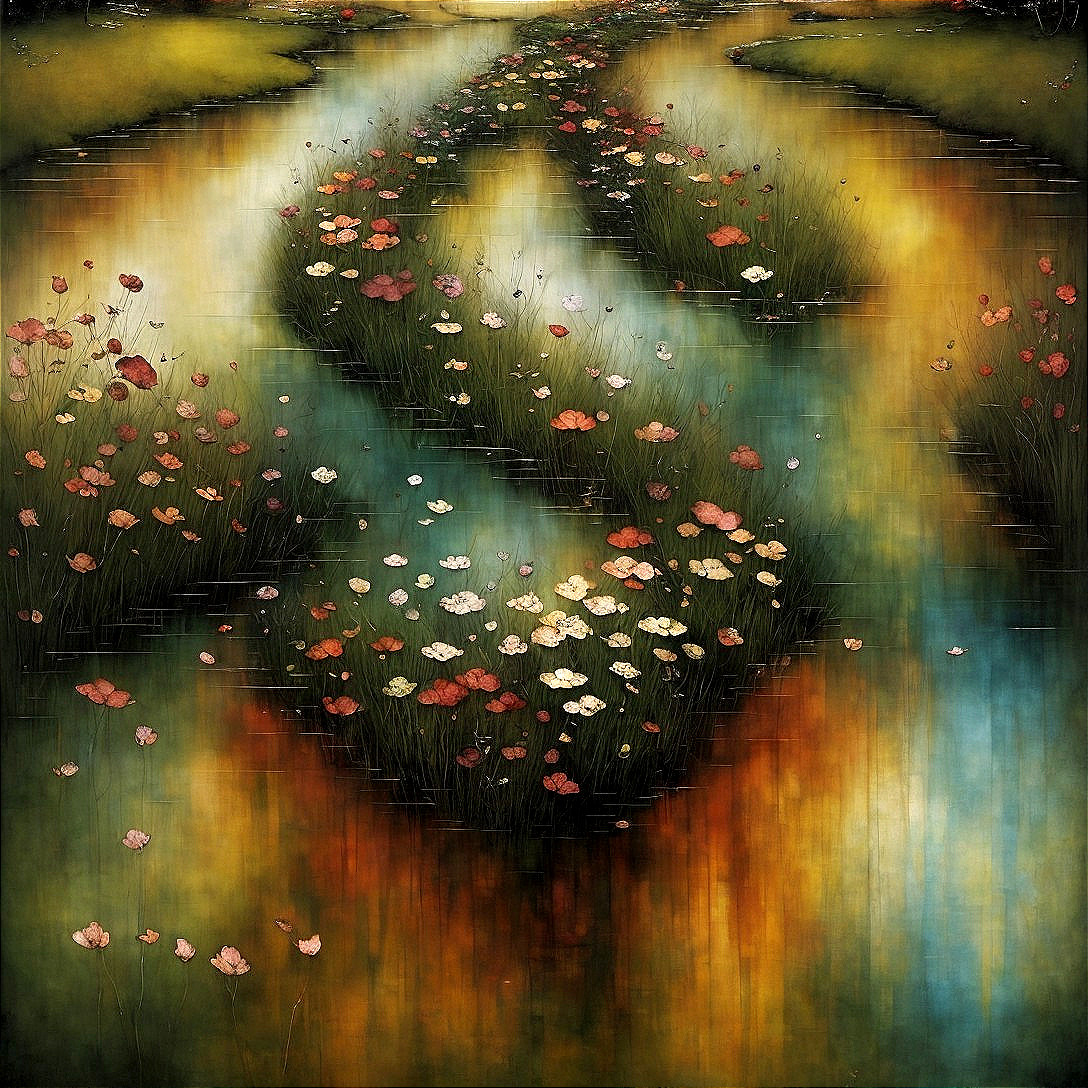 Impressionistic floral path on water with vibrant colors