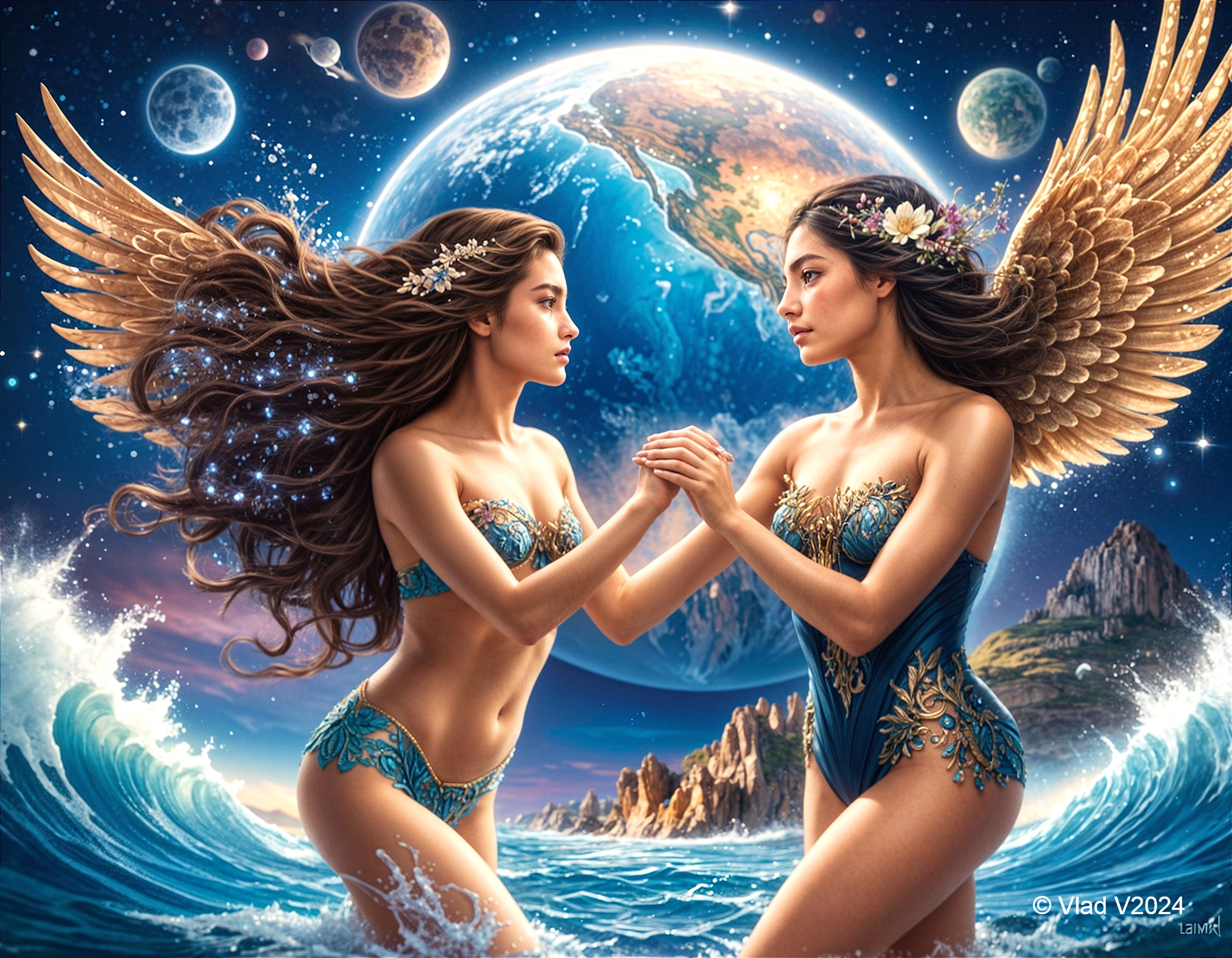 Ethereal Figures in Cosmic Space with Earth and Waves
