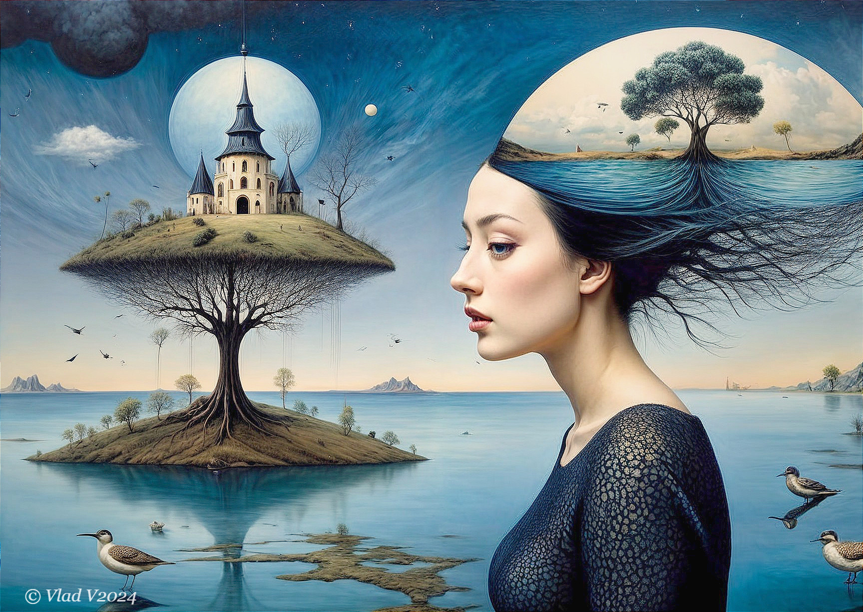 Surreal Landscape with Woman's Profile and Castle Island