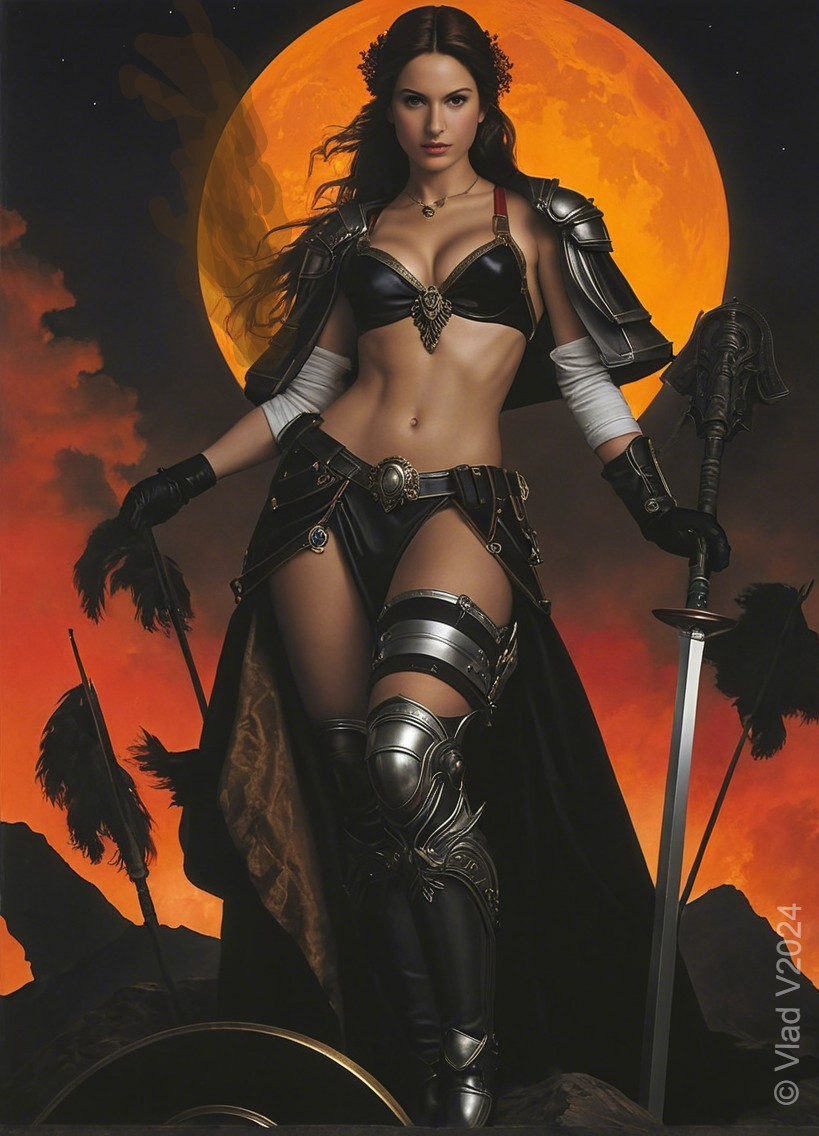 Warrior in Intricate Armor Against Glowing Moon Backdrop