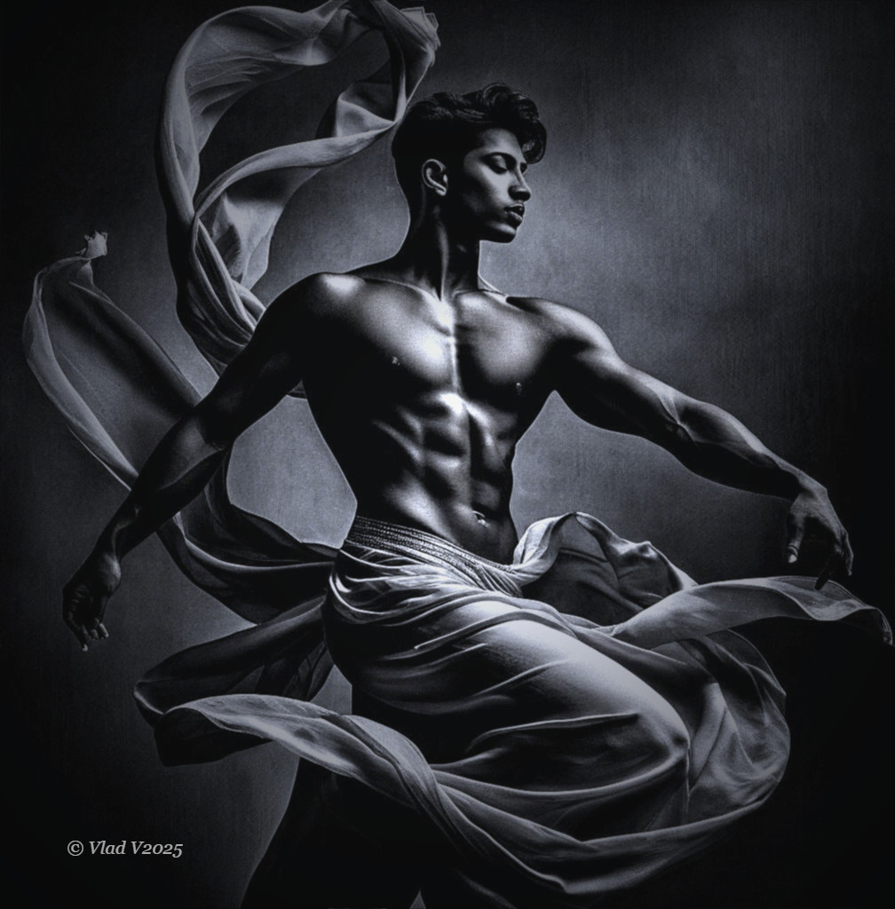 Dynamic Muscular Figure in Black and White Artistry
