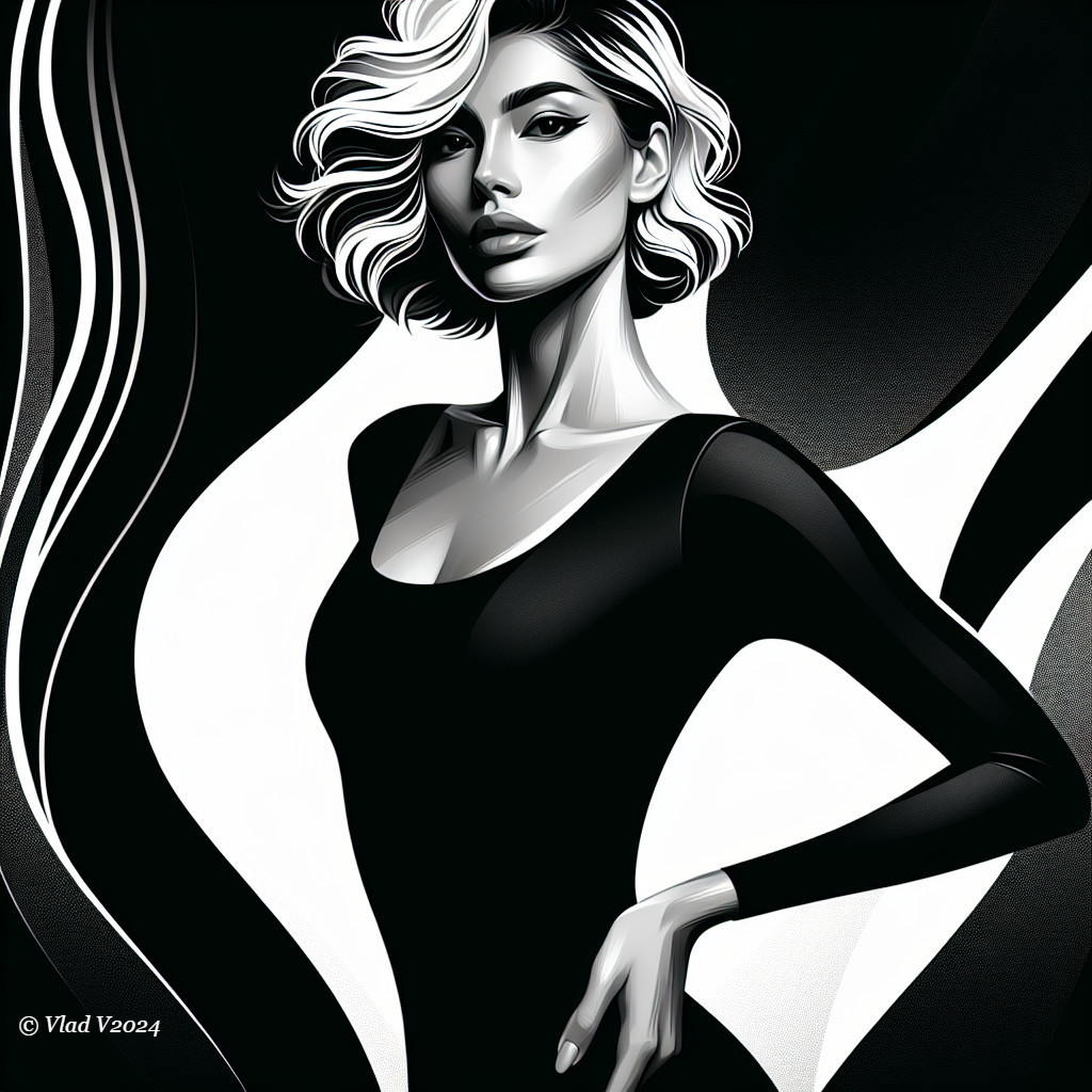 Monochromatic Illustration of Confident Woman in Black