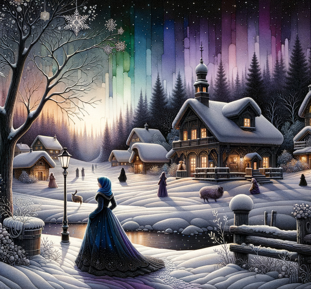 Snowy village night scene with aurora borealis, cloaked figure, and cozy cottages.
