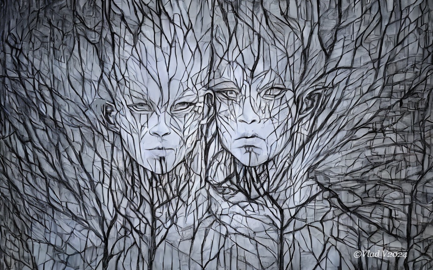 Abstract Humanoid Figures with Intricate Line Patterns