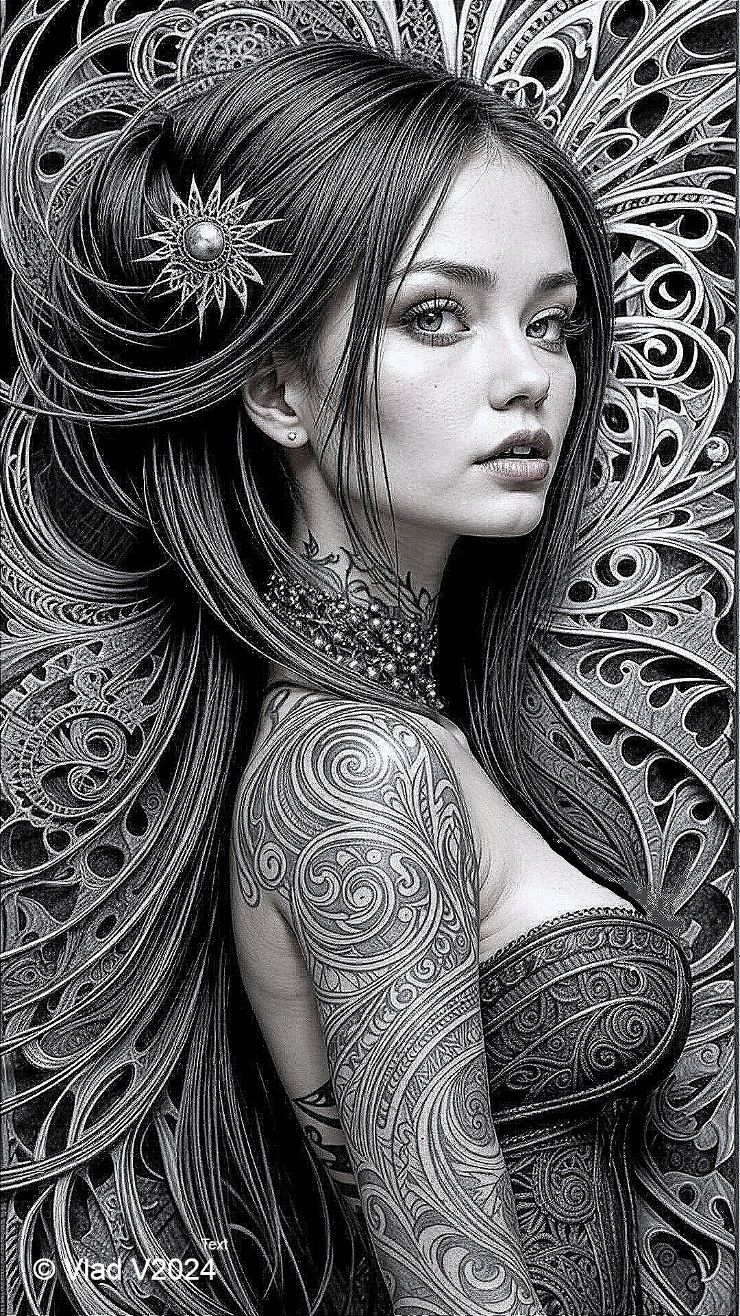 Black-and-white portrait of a tattooed young woman