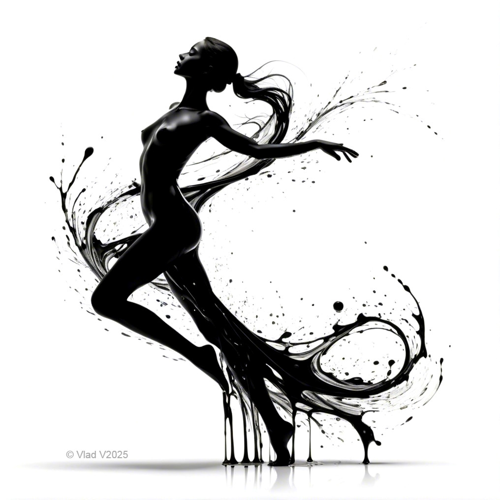 Silhouette of a Dancer in Fluid Black Ink Lines