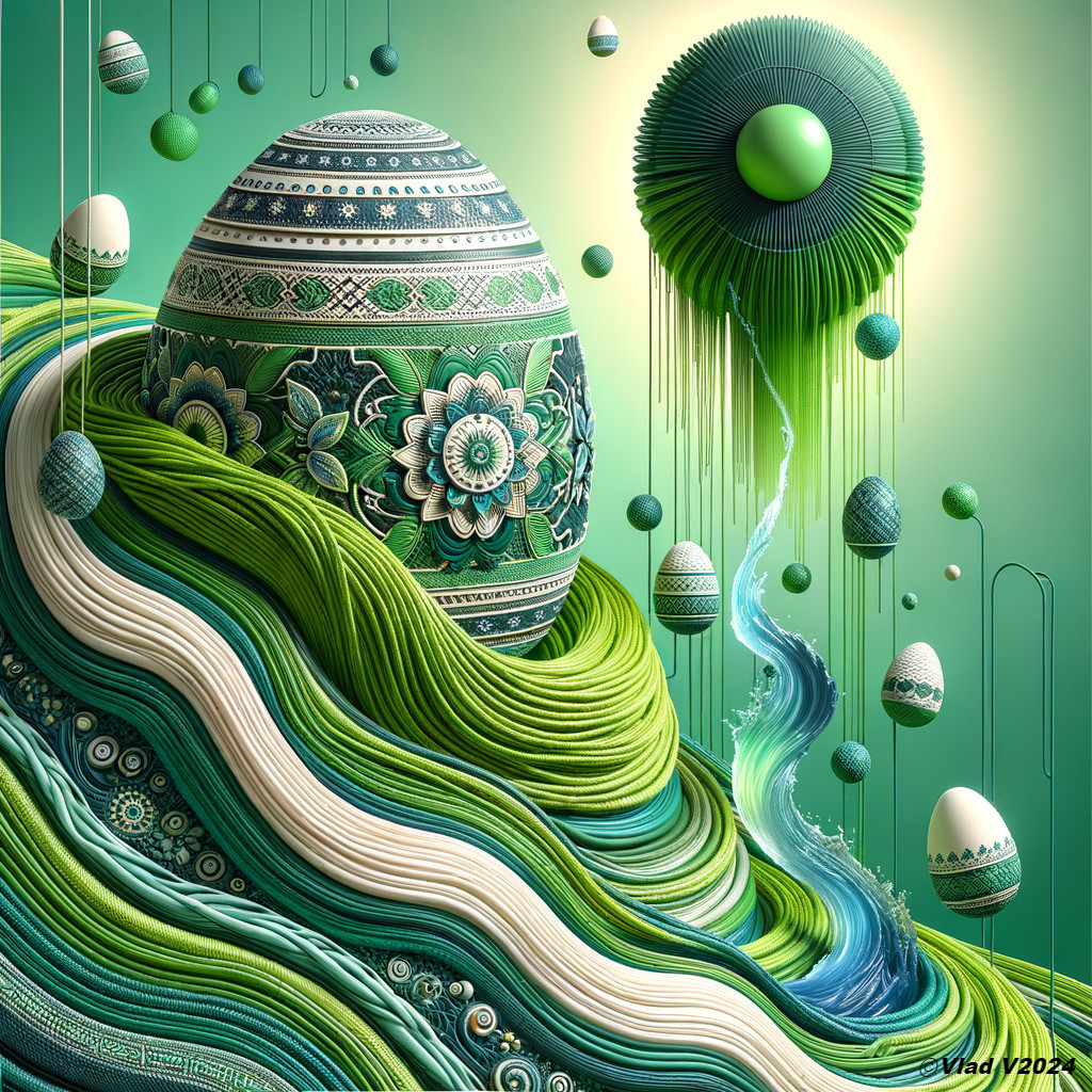Whimsical Landscape with Patterned Eggs and Green Waves