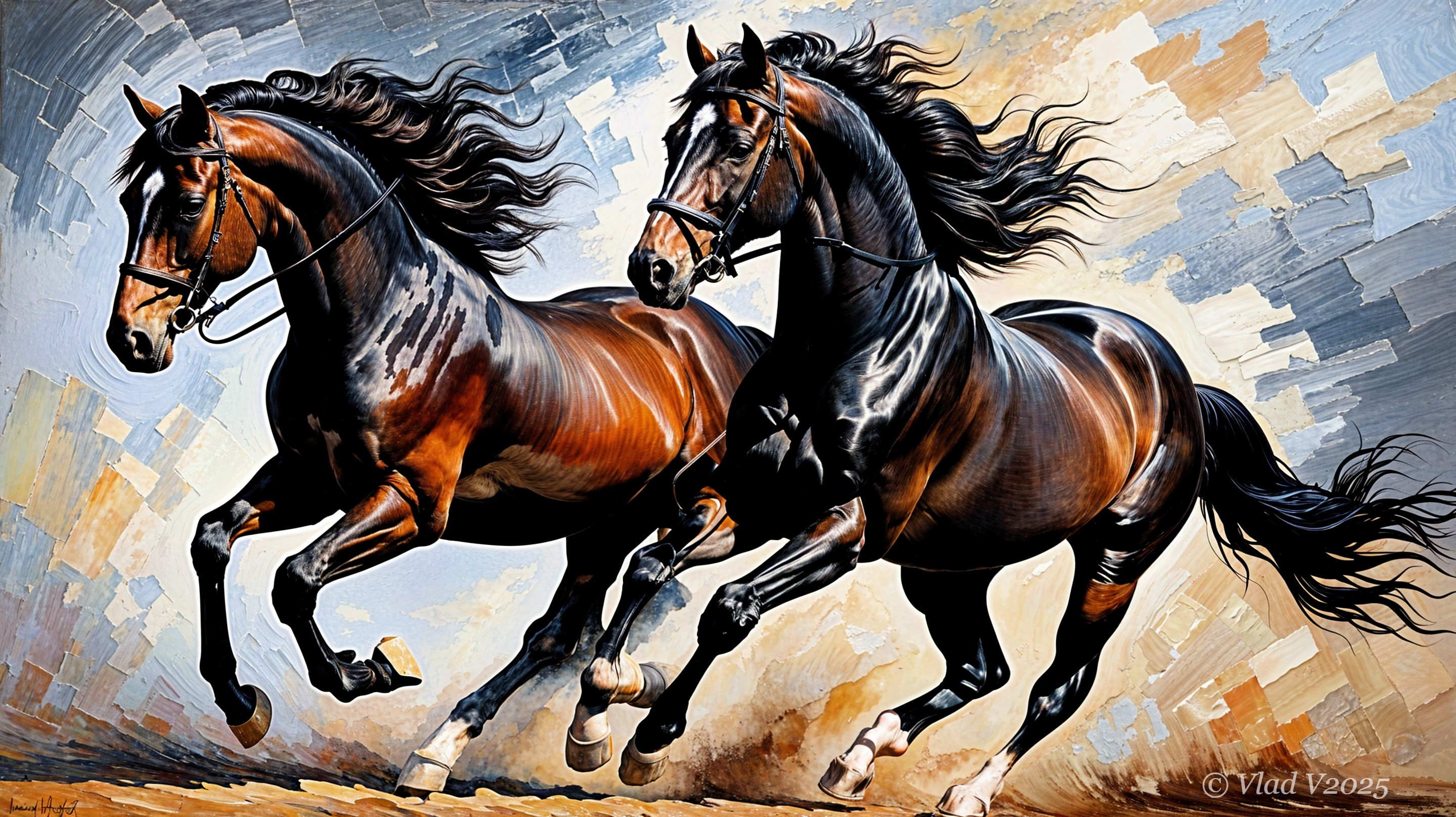 Horses Galloping in a Vibrant Abstract Landscape