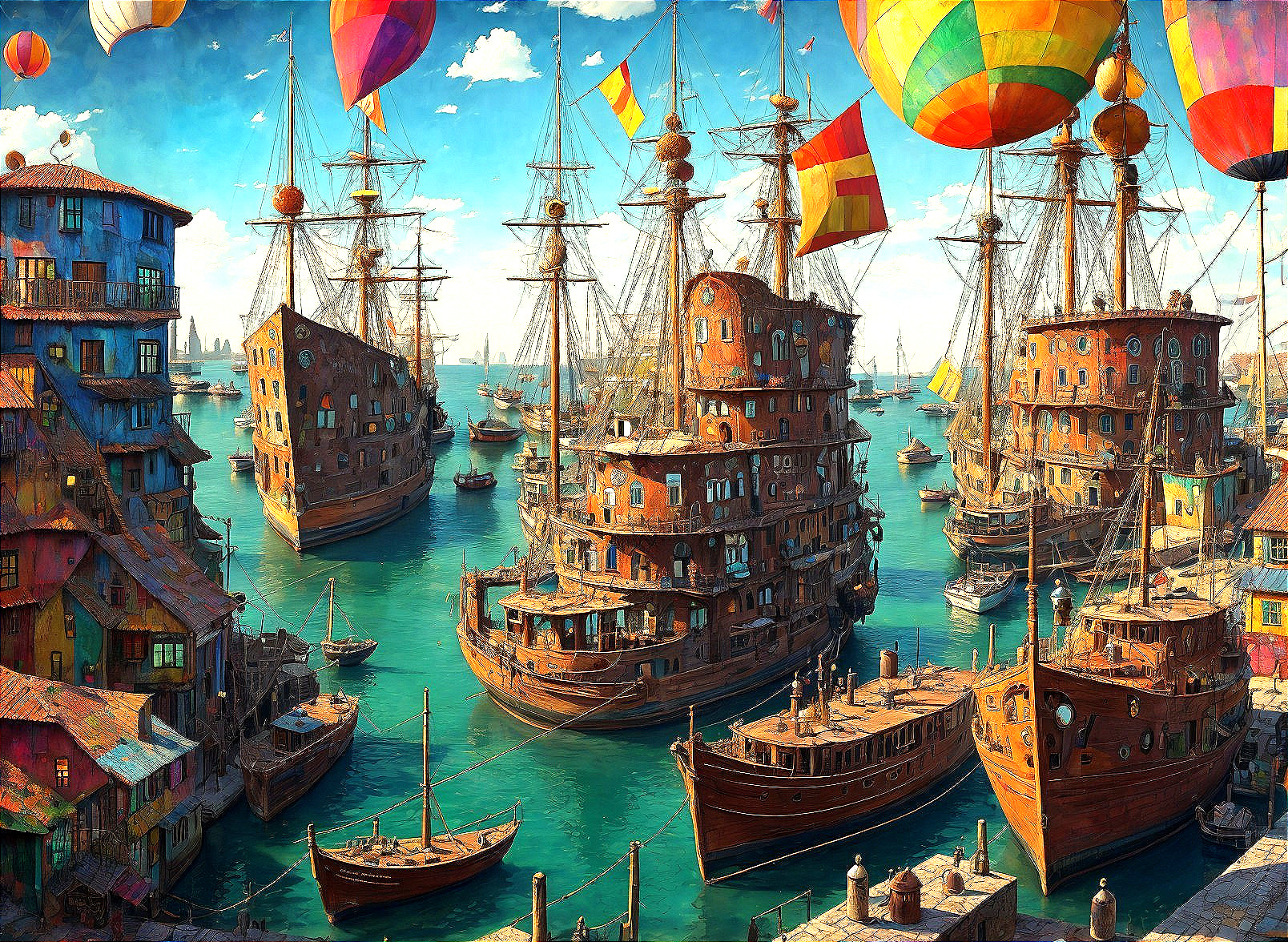Harbor scene with wooden ships and balloons under blue sky