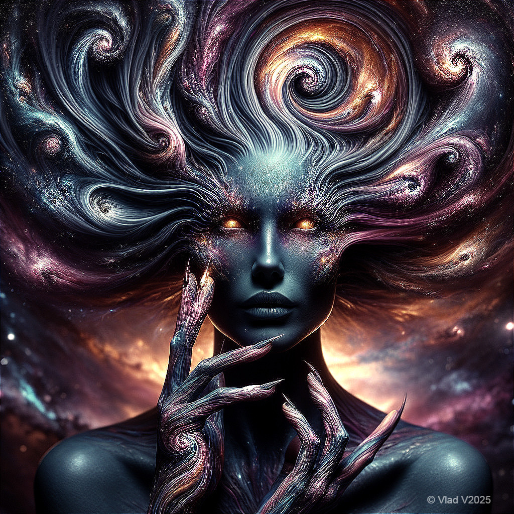 Surreal Cosmic Figure with Galactic Patterns and Nebulas